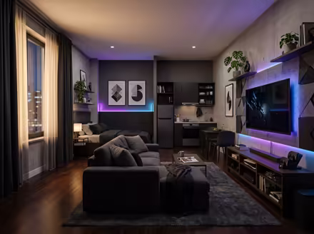 AI-generated gamer den studio apartment interior design: an ambient RGB-lit entertainment lounge