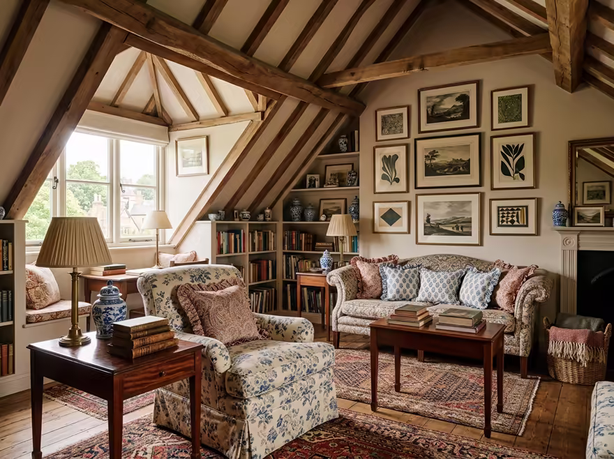 AI-generated grandmillennial attic interior design: skirted and rolled-arm seating