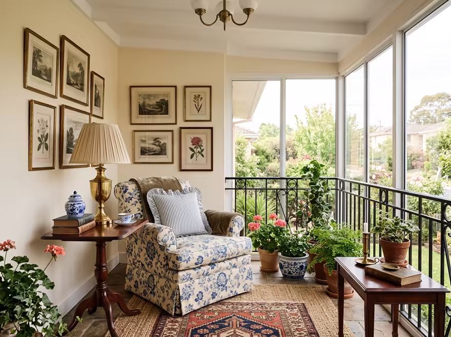 AI-generated grandmillennial balcony interior design: skirted and rolled-arm seating