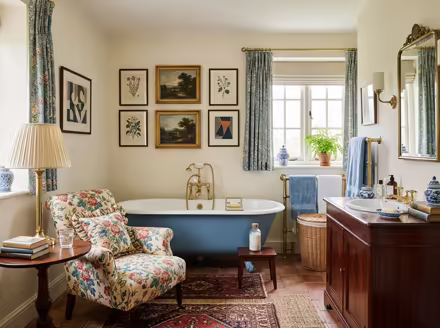 AI-generated grandmillennial bathroom interior design: skirted and rolled-arm seating