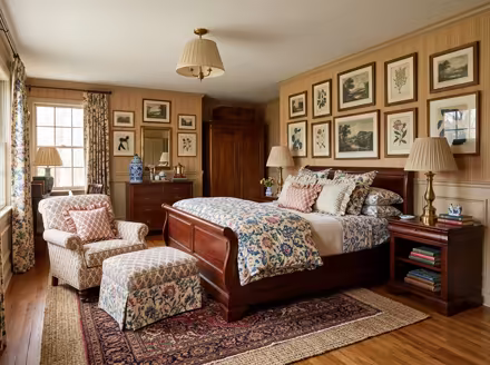AI-generated grandmillennial bedroom interior design: skirted and rolled-arm seating