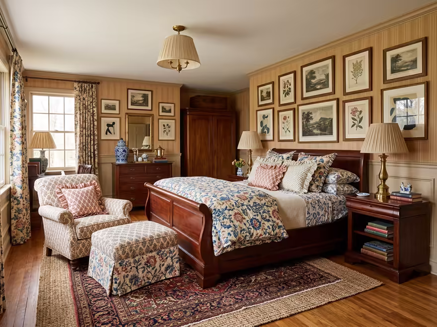 AI-generated grandmillennial bedroom interior design: skirted and rolled-arm seating
