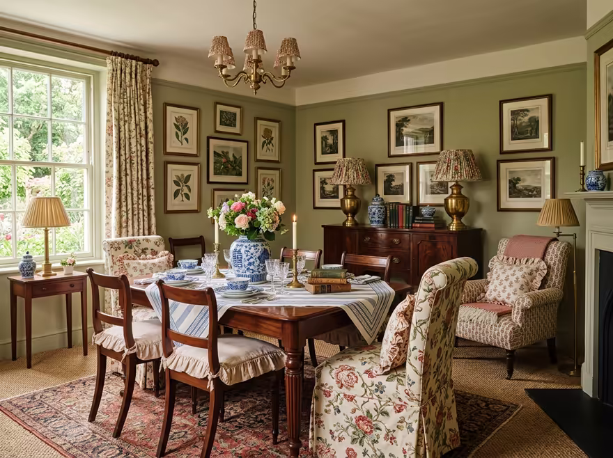 AI-generated grandmillennial dining room interior design: skirted and rolled-arm seating