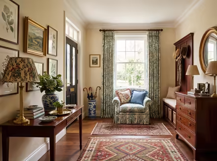 AI-generated grandmillennial entryway interior design: skirted and rolled-arm seating