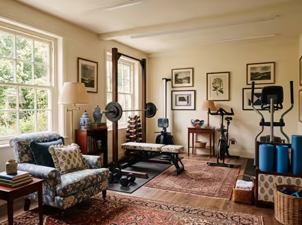 AI-generated grandmillennial home gym interior design: skirted and rolled-arm seating