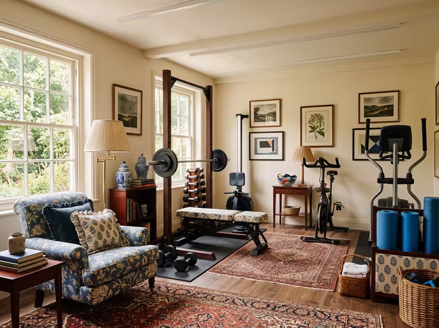 AI-generated grandmillennial home gym interior design: skirted and rolled-arm seating