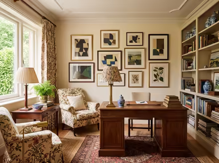 AI-generated grandmillennial home office interior design: skirted and rolled-arm seating