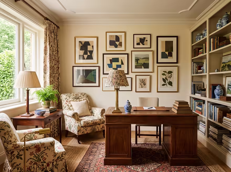 AI-generated grandmillennial home office interior design: skirted and rolled-arm seating
