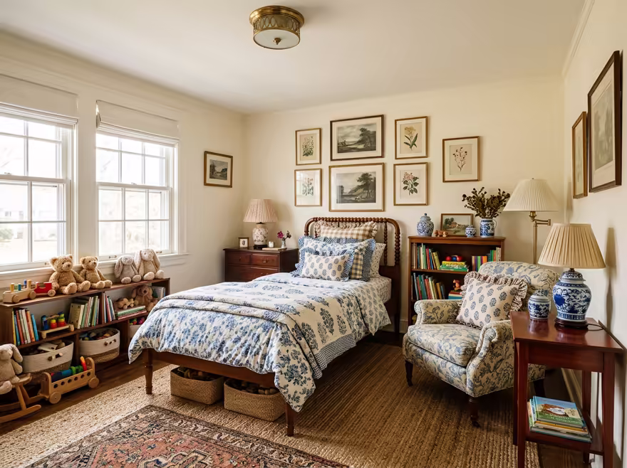 AI-generated grandmillennial kids room interior design: skirted and rolled-arm seating