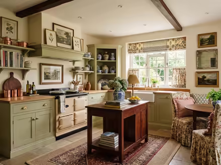 AI-generated grandmillennial kitchen interior design: skirted and rolled-arm seating