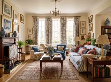 AI-generated grandmillennial living room interior design: skirted and rolled-arm seating