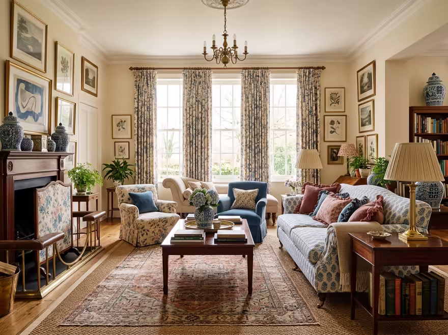 AI-generated grandmillennial living room interior design: skirted and rolled-arm seating