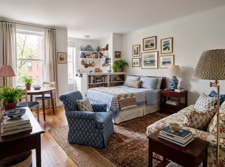 AI-generated grandmillennial studio apartment interior design: skirted and rolled-arm seating