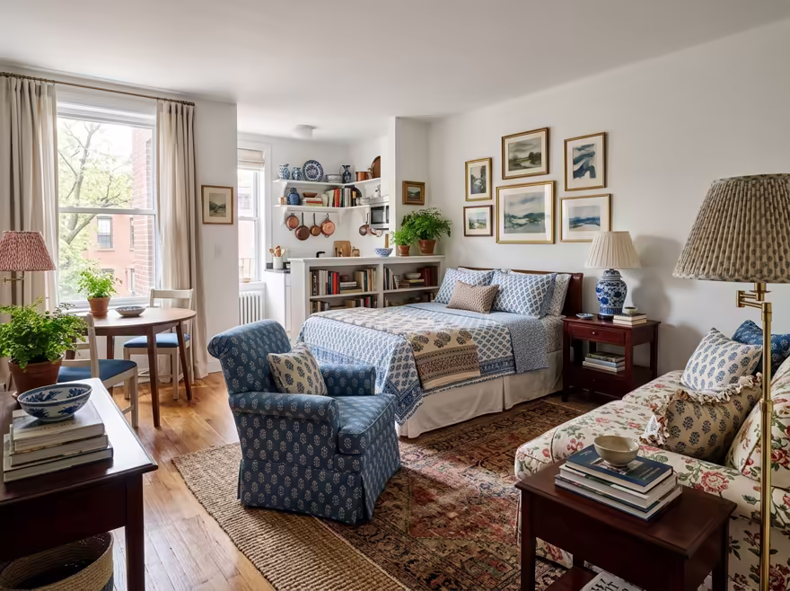 AI-generated grandmillennial studio apartment interior design: skirted and rolled-arm seating