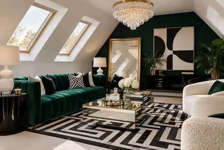 AI-generated hollywood regency attic interior design: glamorous and graphic: one channel-tufted sofa in emerald or sapphire velvet