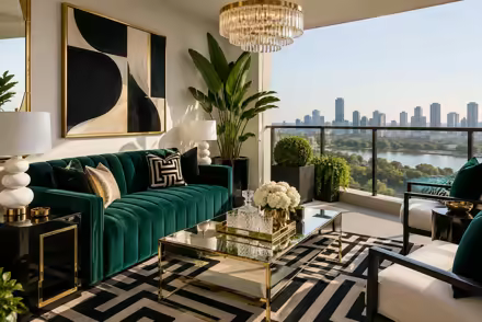 AI-generated hollywood regency balcony interior design: glamorous and graphic: one channel-tufted sofa in emerald or sapphire velvet