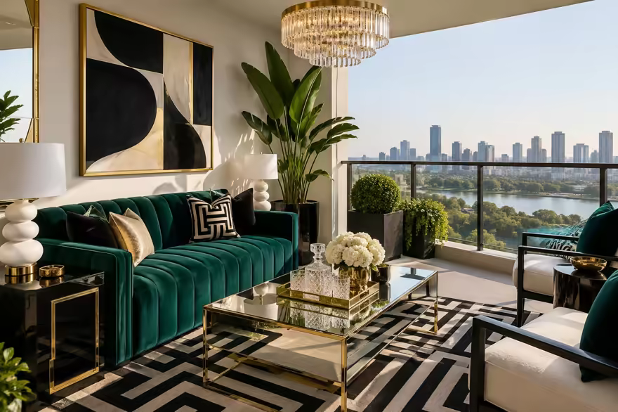 AI-generated hollywood regency balcony interior design: glamorous and graphic: one channel-tufted sofa in emerald or sapphire velvet