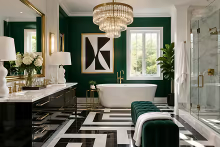 AI-generated hollywood regency bathroom interior design: glamorous and graphic: one channel-tufted sofa in emerald or sapphire velvet