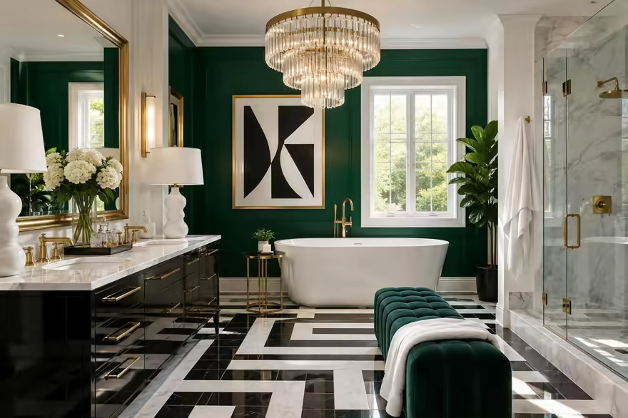 AI-generated hollywood regency bathroom interior design: glamorous and graphic: one channel-tufted sofa in emerald or sapphire velvet