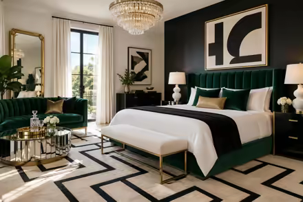 AI-generated hollywood regency bedroom interior design: glamorous and graphic: one channel-tufted sofa in emerald or sapphire velvet