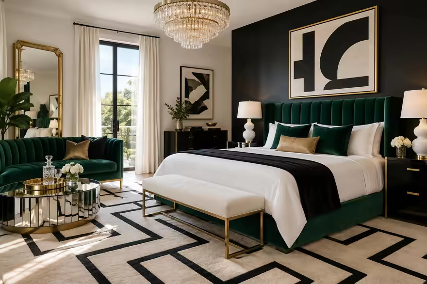 AI-generated hollywood regency bedroom interior design: glamorous and graphic: one channel-tufted sofa in emerald or sapphire velvet