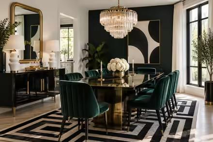 AI-generated hollywood regency dining room interior design: glamorous and graphic: one channel-tufted sofa in emerald or sapphire velvet