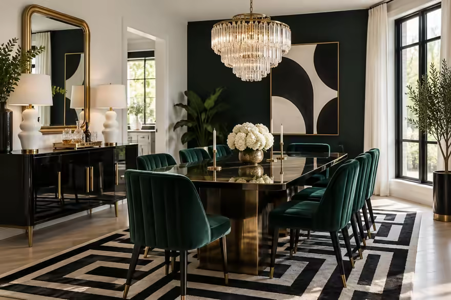 AI-generated hollywood regency dining room interior design: glamorous and graphic: one channel-tufted sofa in emerald or sapphire velvet