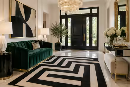 AI-generated hollywood regency entryway interior design: glamorous and graphic: one channel-tufted sofa in emerald or sapphire velvet