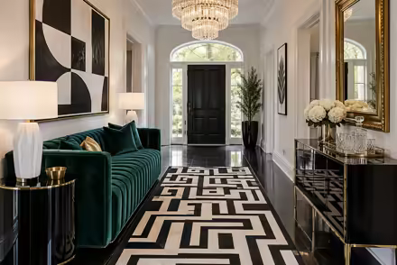 AI-generated hollywood regency hallway interior design: glamorous and graphic: one channel-tufted sofa in emerald or sapphire velvet
