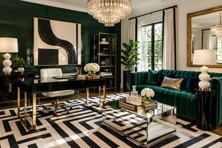 AI-generated hollywood regency home office interior design: glamorous and graphic: one channel-tufted sofa in emerald or sapphire velvet