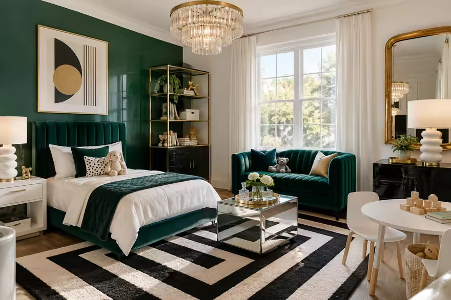 AI-generated hollywood regency kids room interior design: glamorous and graphic: one channel-tufted sofa in emerald or sapphire velvet
