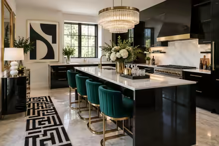 AI-generated hollywood regency kitchen interior design: glamorous and graphic: one channel-tufted sofa in emerald or sapphire velvet