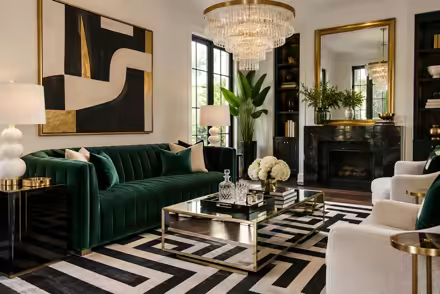 AI-generated hollywood regency living room interior design: glamorous and graphic: one channel-tufted sofa in emerald or sapphire velvet