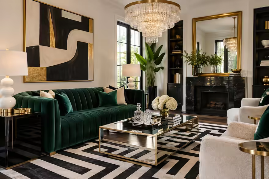 AI-generated hollywood regency living room interior design: glamorous and graphic: one channel-tufted sofa in emerald or sapphire velvet