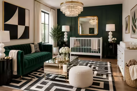 AI-generated hollywood regency nursery interior design: glamorous and graphic: one channel-tufted sofa in emerald or sapphire velvet
