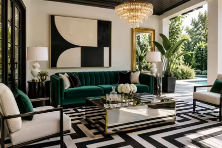 AI-generated hollywood regency patio interior design: glamorous and graphic: one channel-tufted sofa in emerald or sapphire velvet