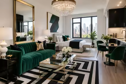 AI-generated hollywood regency studio apartment interior design: glamorous and graphic: one channel-tufted sofa in emerald or sapphire velvet