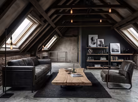 AI-generated industrial loft attic interior design: black steel and aged leather furniture