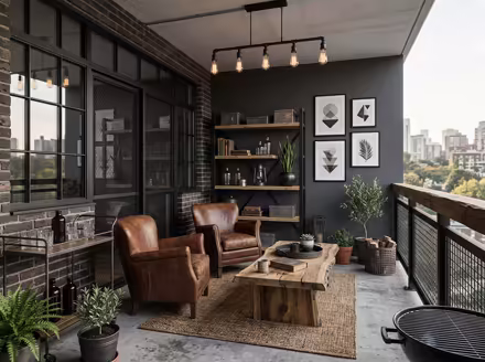 AI-generated industrial loft balcony interior design: black steel and aged leather furniture