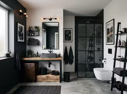 AI-generated industrial loft bathroom interior design: black steel and aged leather furniture