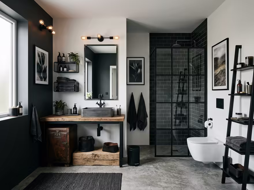 AI-generated industrial loft bathroom interior design: black steel and aged leather furniture