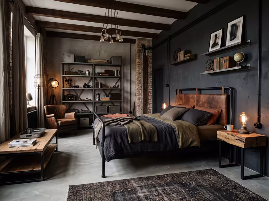 AI-generated industrial loft bedroom interior design: black steel and aged leather furniture