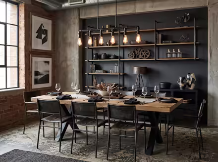 AI-generated industrial loft dining room interior design: black steel and aged leather furniture
