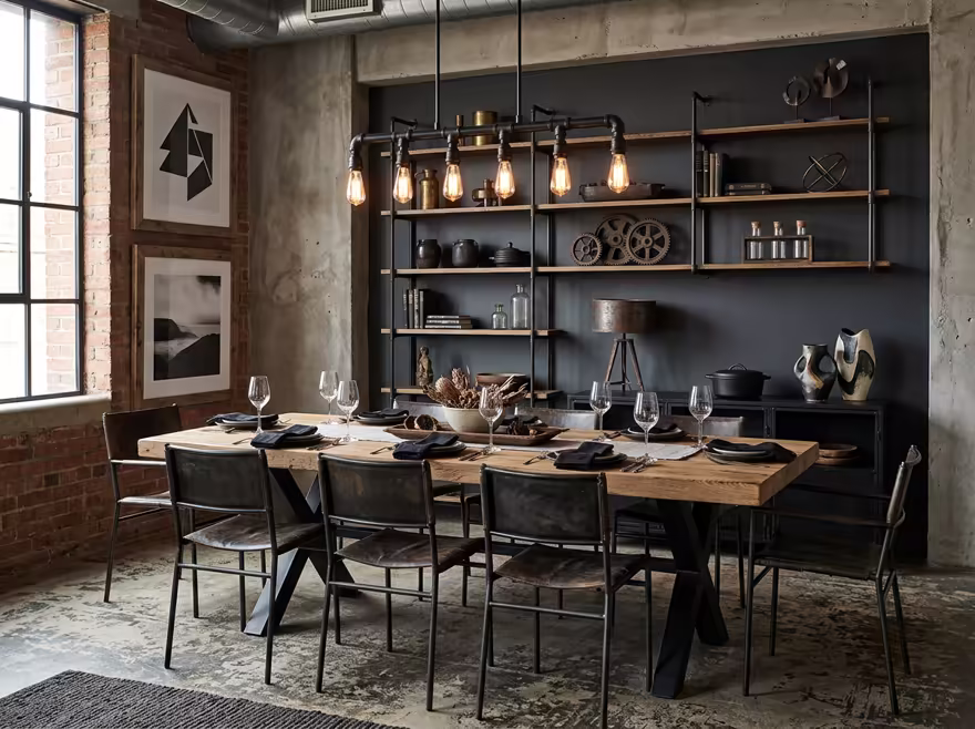 AI-generated industrial loft dining room interior design: black steel and aged leather furniture