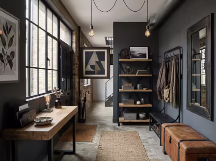 AI-generated industrial loft entryway interior design: black steel and aged leather furniture