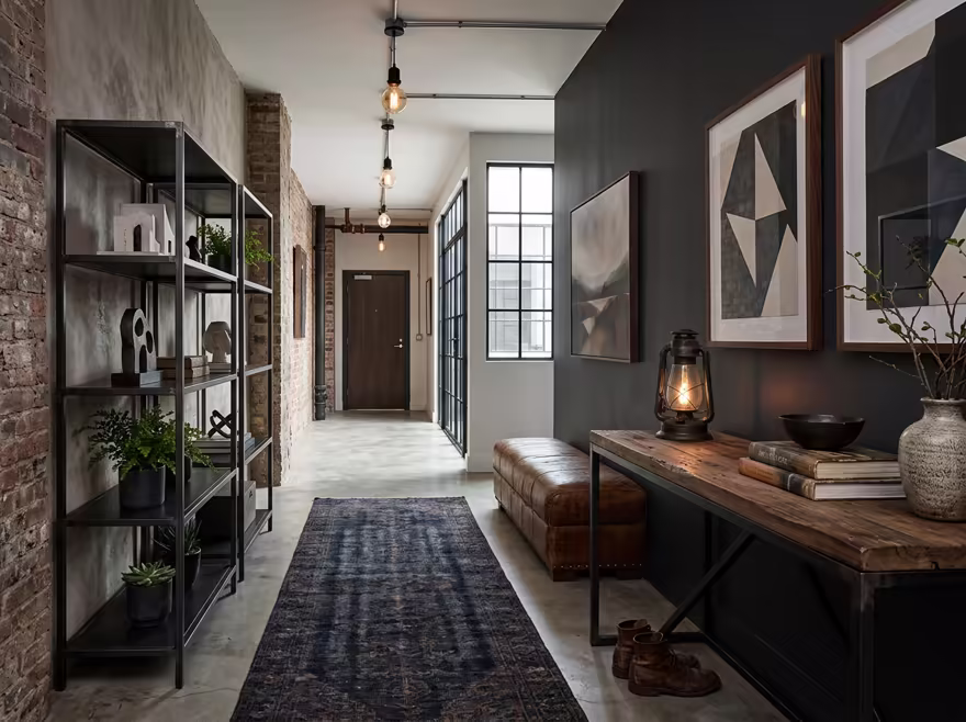 AI-generated industrial loft hallway interior design: black steel and aged leather furniture