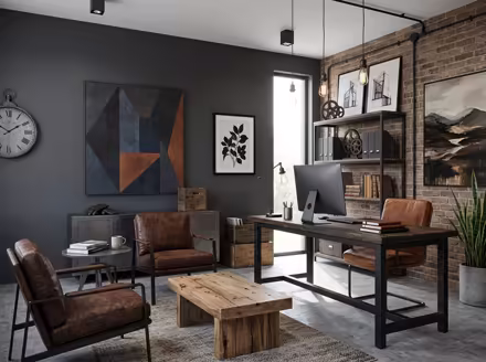 AI-generated industrial loft home office interior design: black steel and aged leather furniture