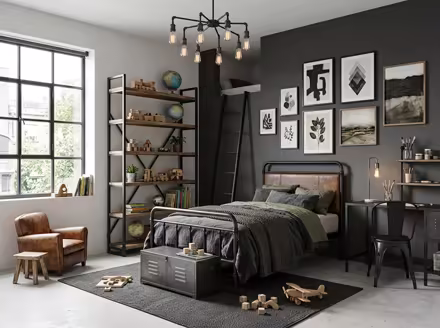 AI-generated industrial loft kids room interior design: black steel and aged leather furniture