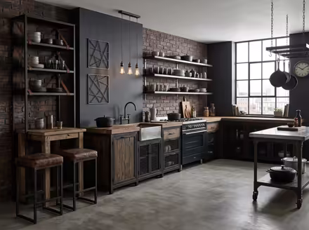 AI-generated industrial loft kitchen interior design: black steel and aged leather furniture