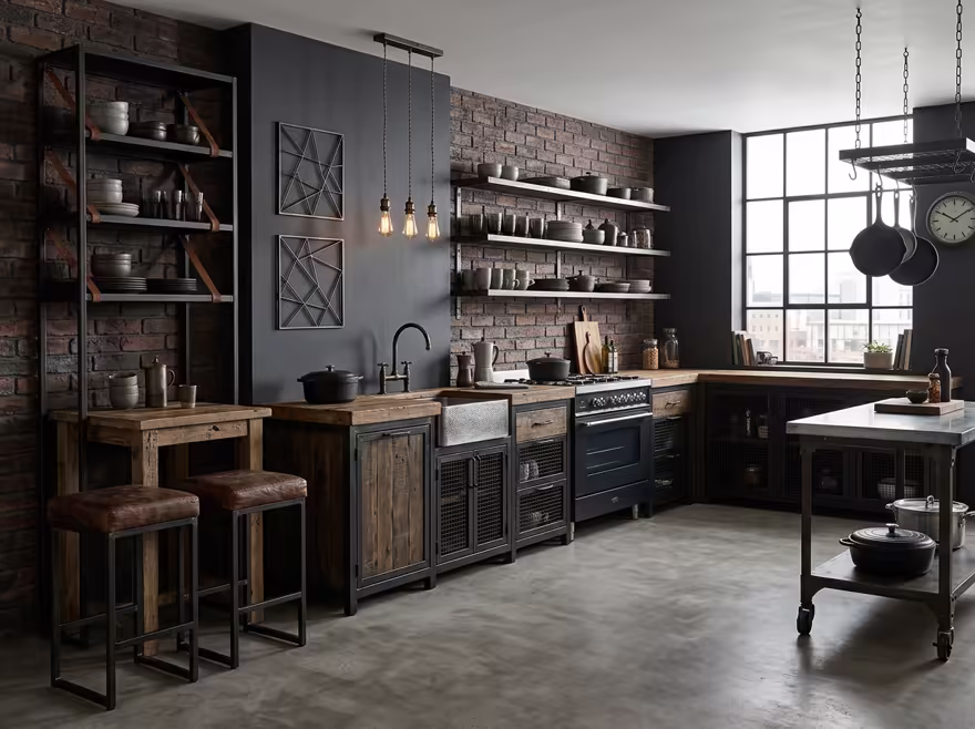AI-generated industrial loft kitchen interior design: black steel and aged leather furniture